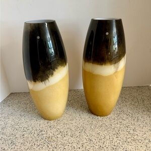 Set of 2 12” Hand blown brown + yellow glass globe shades.3 holes for hanging.